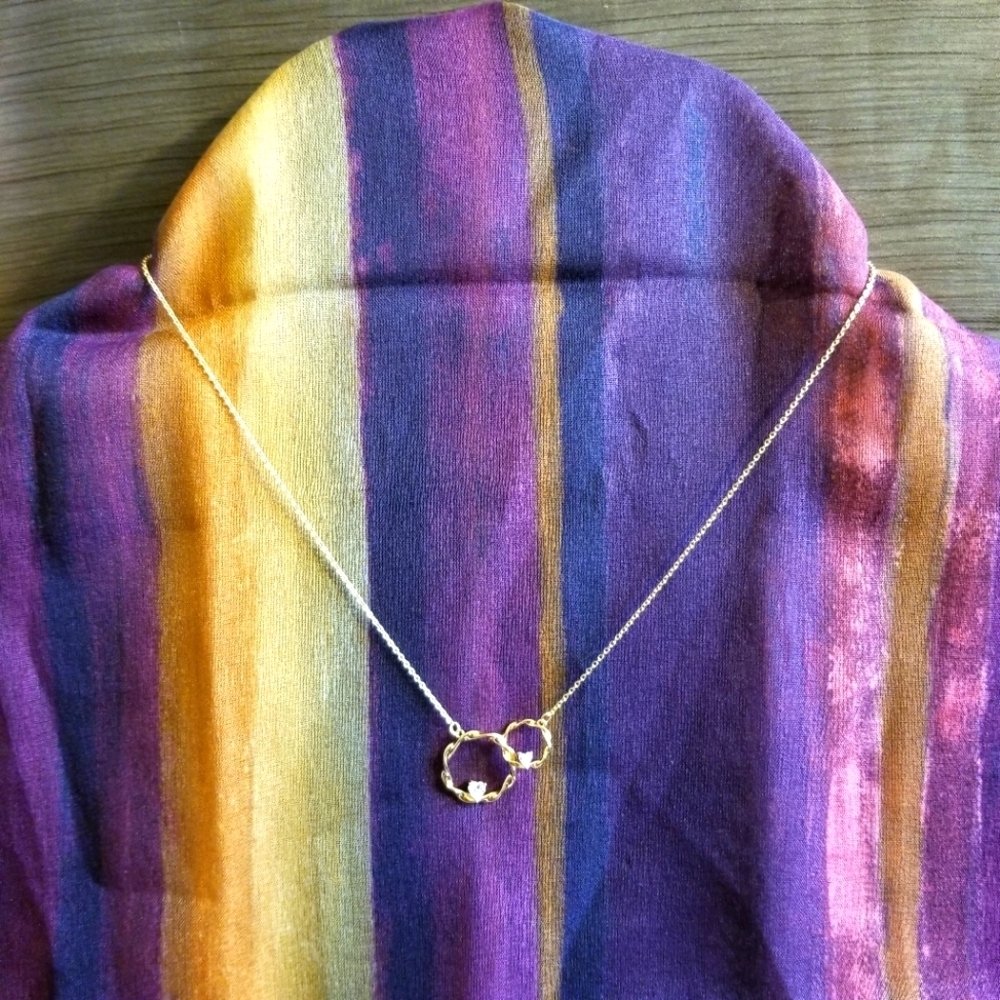 Gold Plated Interlocking Circles Clear Heart Rhinestones 925 Sterling Necklace